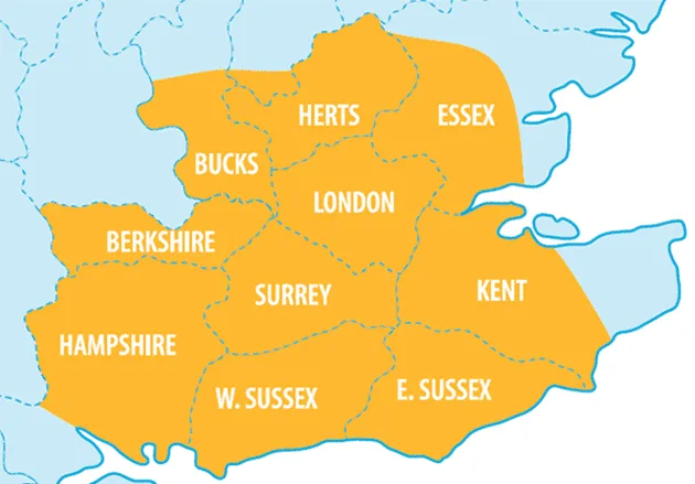 Map of the area covered: London, Hertfordshire, Essex, Buckinghamshire, Berkshire, Surrey, Kent, Hampshire and East and West Sussex